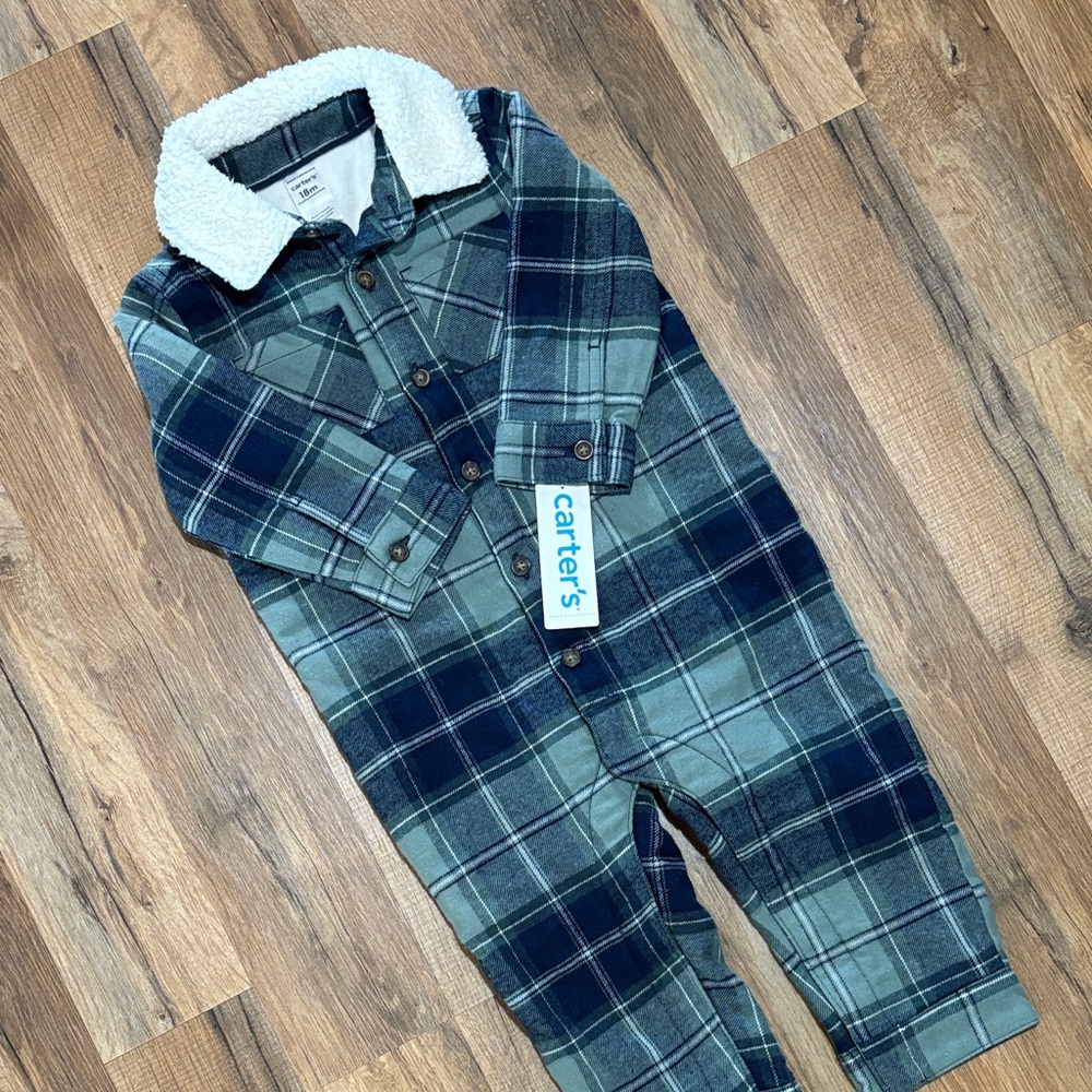 Carter's – Plaid Baby Flannel Jumpsuit Sherpa Collar – 18 Months – Brand NWT